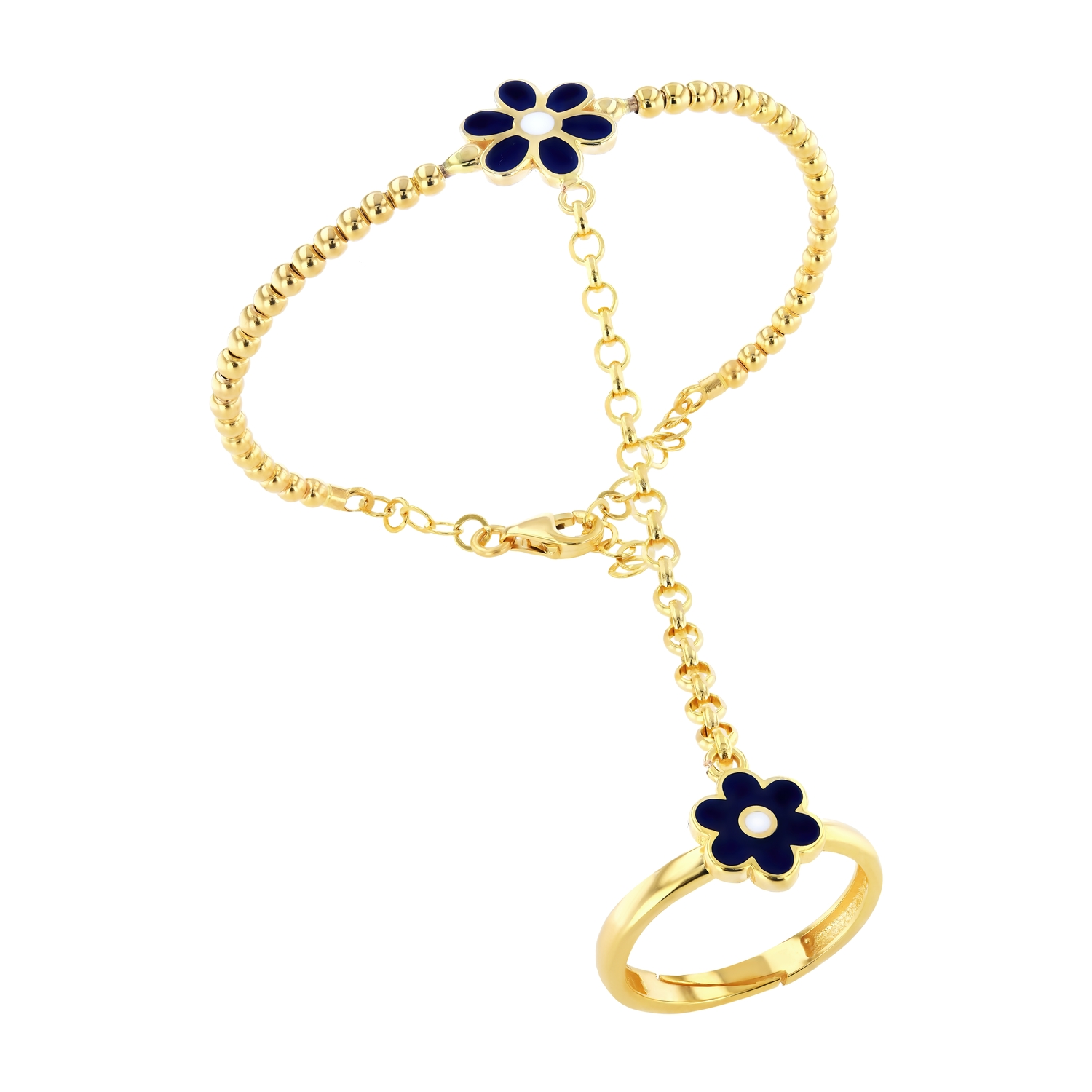 21K Kids Gold Flower Hand Wear Bracelet With Adjustable Ring