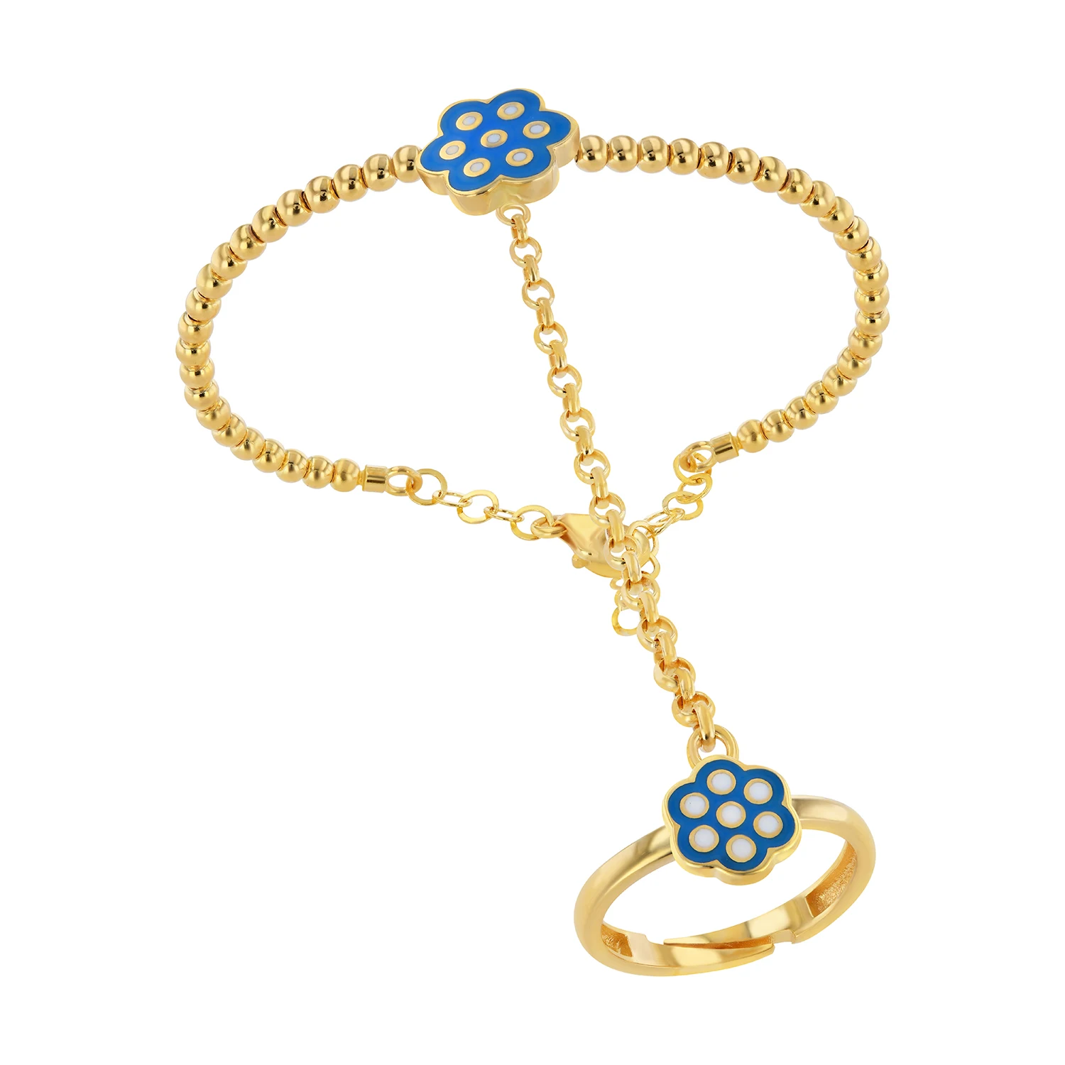 21K Kids Gold Flower Hand Wear Bracelet With Adjustable Ring