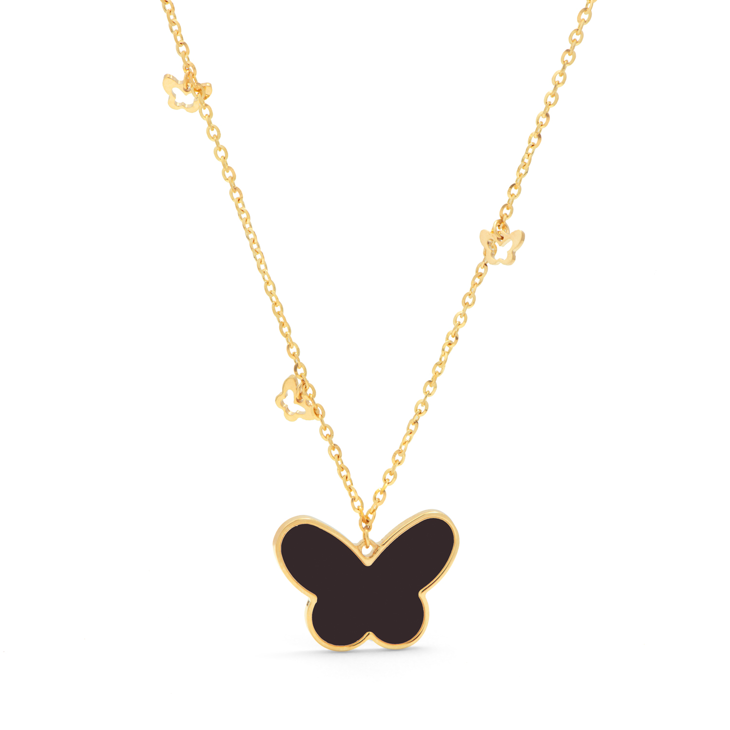 18k Real store Saudi Gold Black Onyx Butterfly Center Necklace 20mm